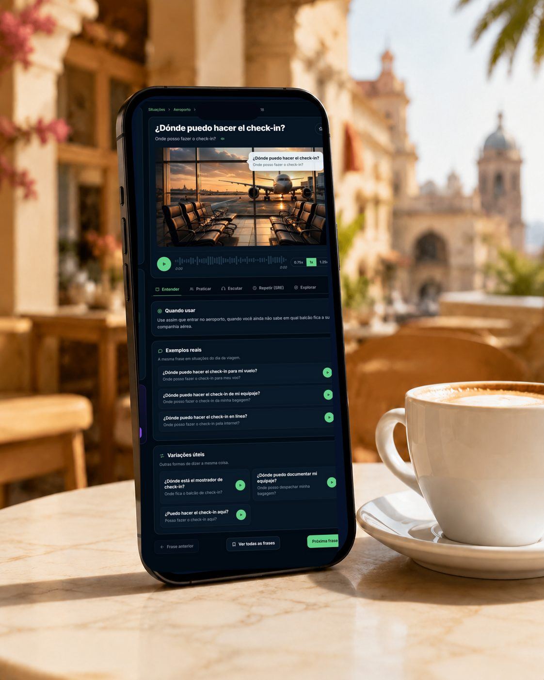 Aplicativo Espanhol Essencial aberto no celular com uma tela real do módulo Aeroporto